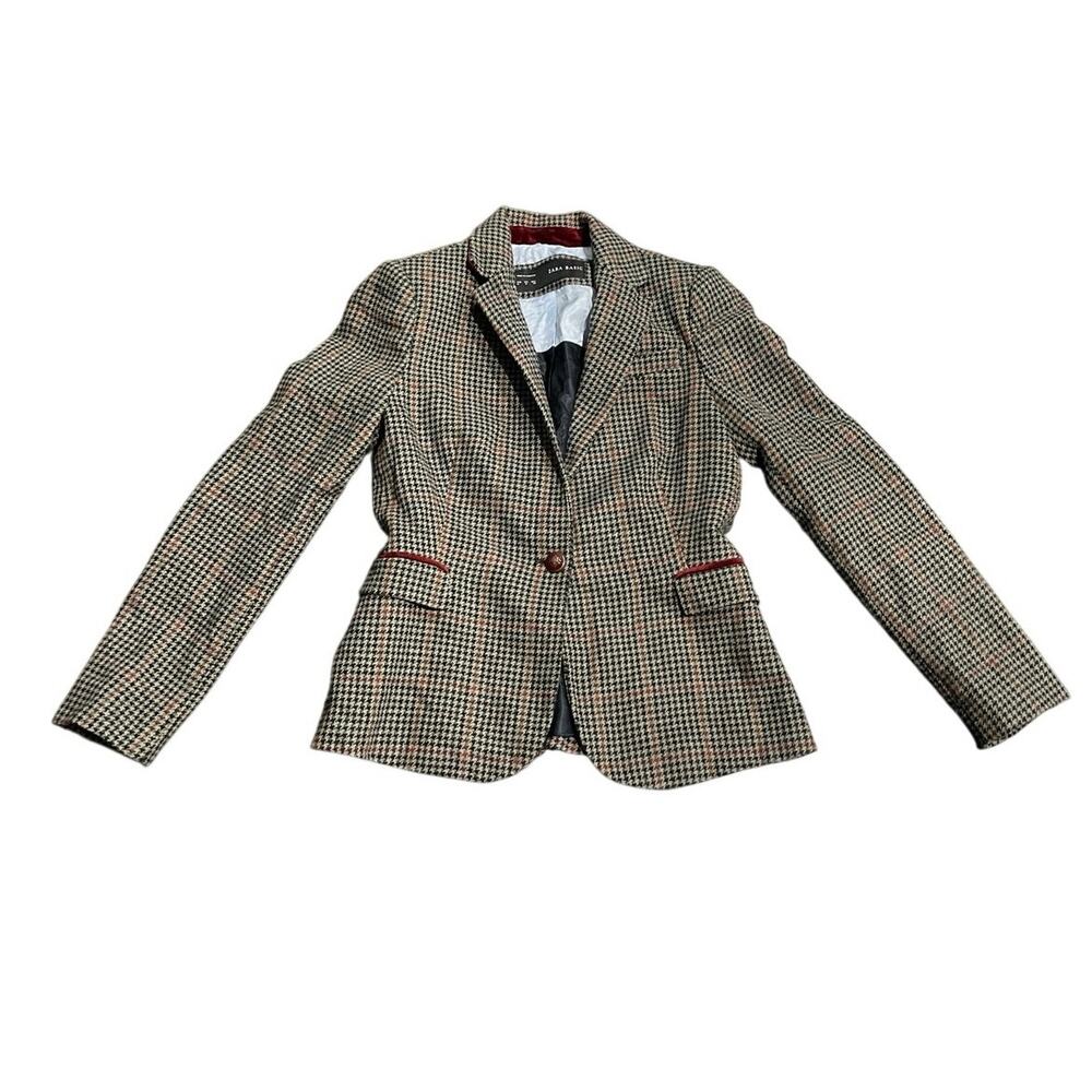 Zara Wool Blend Houndstooth Blazer Elbow Patch SZ M Business Classy Preppy Chic